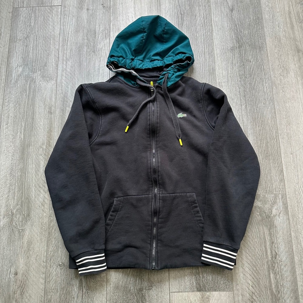 Vintage Y2K Lacoste Sport Black Zip Hoodie Teal Hood Striped Cuffs Men's L